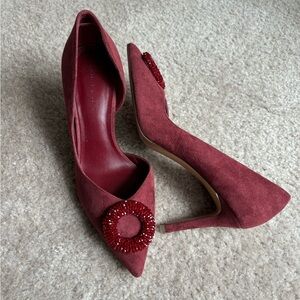 Charles & Keith Burgundy Pointed Toe Heels with Statement Beaded Embellishments